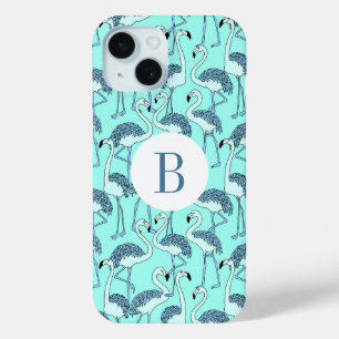 Coque Pour iPhone 15 Motif flamants roses bleu monogramme moderne