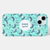 Coques Case-Mate iPhone Motif flamants roses bleu monogramme moderne  (Verso (horizontal))