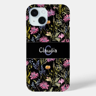 Coque Pour iPhone 15 Motif fleur de boho rose noir monogrammé