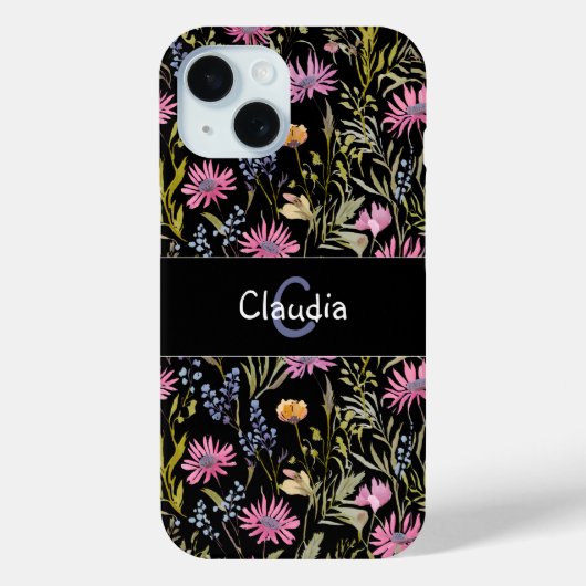Coques Case-Mate iPhone Motif fleur de boho rose noir monogrammé (Verso)