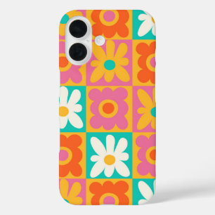Coques iPhone 16 Motif floral à carreaux groovy rétro des années 70