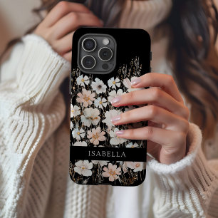 Coques iPhone 16 Pro Max Motif floral à monogramme personnalisé noir