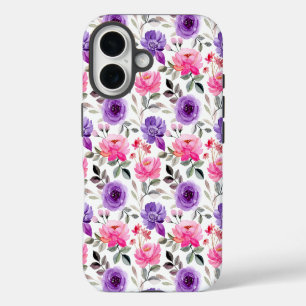 Coques iPhone 16 Motif floral aquarelle vibrant en rose et violet