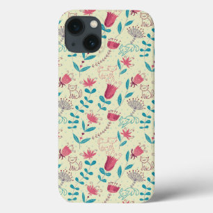 iPhone 13 Coque Motif floral avec des chats de bande dessinée