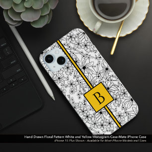 Coque iPhone 15 Mini Motif floral blanc dessiné à la main Monogramme ja