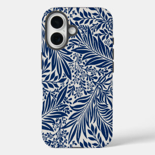 Coques iPhone 16 motif floral bleu avec feuilles et fleurs diverses