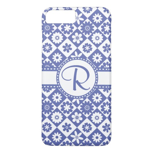 Coques Case-Mate iPhone Motif floral bleu et blanc du monogramme R assez (Dos)