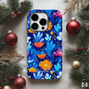 Coque Pour iPhone 14 Pro Motif floral bleu gras avec citation de nom