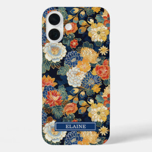 Coques iPhone 16 Plus Motif floral bleu japonais monogrammé