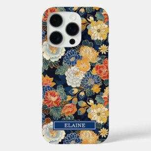 Coques iPhone 16 Pro Motif floral bleu japonais monogrammé