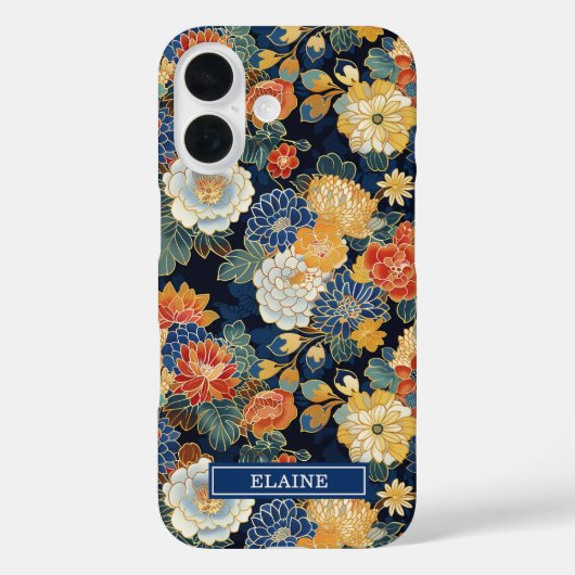 Coques Case-Mate iPhone Motif floral bleu japonais monogrammé (Verso)