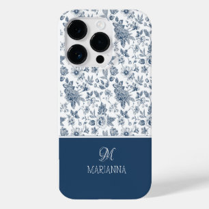 Coque Pour iPhone 14 Pro Motif Floral Bleu & Nom Personnalisé