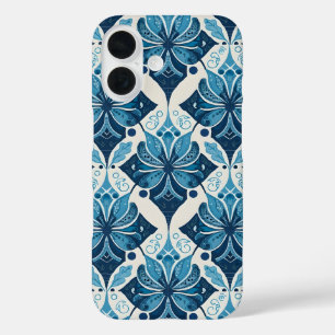 Coques iPhone 16 Motif floral boho élégant en bleu