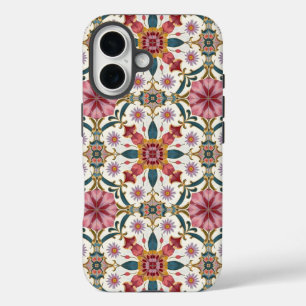 Coques iPhone 16 Motif floral boho en rouge, rose et sarcelle