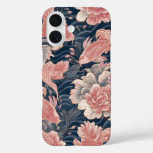 Coques iPhone 16 Motif floral de chinoiserie bleu rose koi