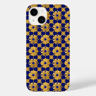 Coque Pour iPhone 14 Motif floral doré luxueux, bleu royal élégant