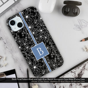 Coque iPhone 15 Mini Motif floral foncé noir bleu croquis Monogramme