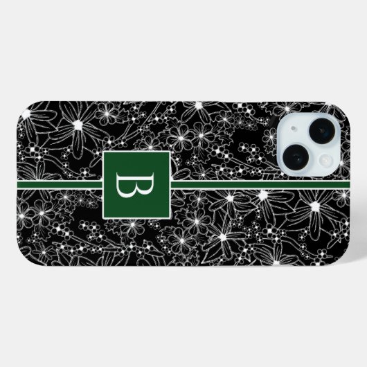 Coques Case-Mate iPhone Motif floral foncé noir vert croquis Monogramme (Verso (horizontal))