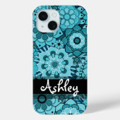 Coques Case-Mate iPhone Motif floral Funky Blue Retro avec nom (Verso)