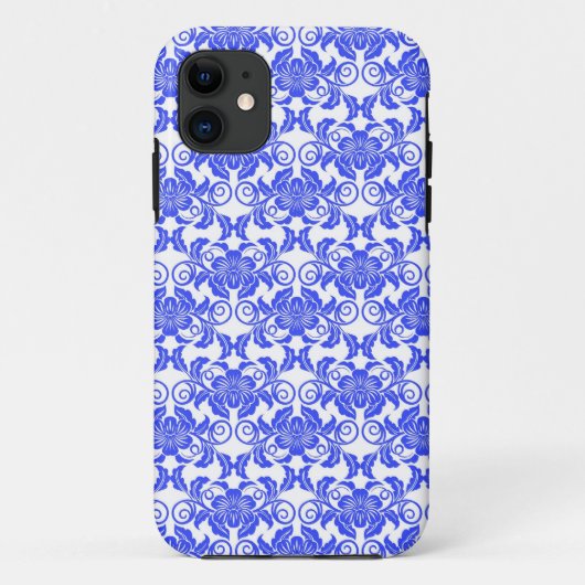 Coques Case-Mate iPhone Motif floral girly bleu de damassé et blanc (Dos)