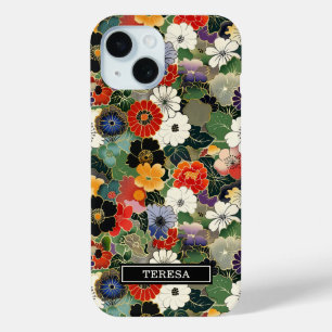 Coque Pour iPhone 15 Motif floral japonais coloré monogrammé