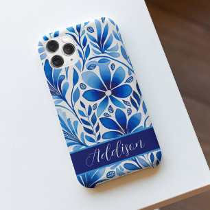 Coque iPhone 15 Pro Max Motif floral mignon bleu et blanc folk
