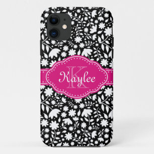 Coques Pour iPhone Motif floral noir et blanc Monogramme rose