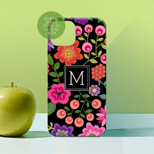 Coque Pour iPhone 14 Motif floral noir tendance avec Monogramme personn