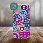 Coque Pour iPhone 15 Motif Floral Retro tendance bloc de nom personnali<br><div class="desc">Un design floral et audacieux aux tons violets et aqua colorés avec un bloc de couleur amusant pour ajouter votre nom ou n'importe quel texte. La folle motif aux fleurs a une variété de couleurs. Vous pouvez ajouter un nom, un monogramme ou un autre texte personnalisé. Si vous avez besoin...</div>