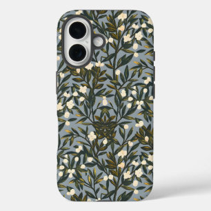 Coques iPhone 16 Motif floral sur fond bleu-gris poussiéreux