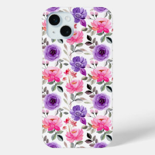 Coque iPhone 15 Mini Motif floral vibrant à l'aquarelle en rose et viol