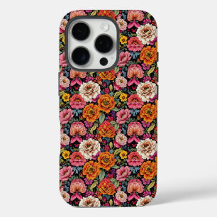 Coques iPhone 16 Pro motif floral vintage aux couleurs vives en noir