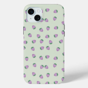 Coque iPhone 15 Mini Motif Fraise Violette sur Fond Vert
