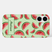 Coques Case-Mate iPhone Motif Fruit De Pastèque Sur Vert Avec Nom Personna (Verso (horizontal))