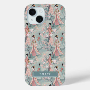 Coque Pour iPhone 15 Motif Geisha Sakura Japonais Monogrammé