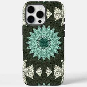 Coques iPhone 16 Pro Max Motif géométrique mandala sarcelle et vert