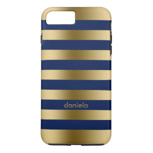 Coque iPhone 8 Plus/7 Plus Motif géométrique Monogramme Gold & Blue Stripes