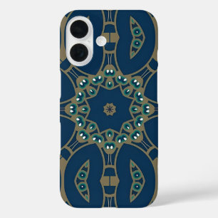 Coques iPhone 16 Motif géométrique octogonal bleu marine et or