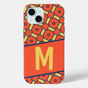 Coque Pour iPhone 15 Motif géométrique orange monogramme jaune
