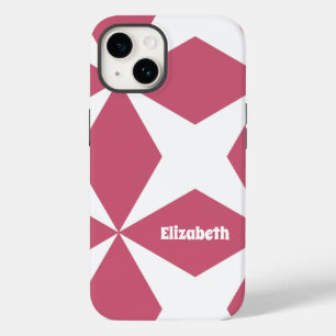 Coque Pour iPhone 14 Motif Géométrique Rétro Nom Personnalisé Rose & Bl