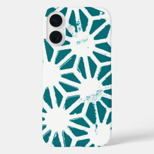 Coques iPhone 16 motif géométrique turquoise et blanc