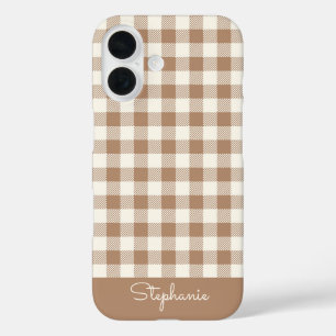 Coques iPhone 16 Motif Gingham Carreaux Marron à votre nom