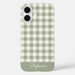 Coques iPhone 16 Motif Gingham Carreaux Vichy Sage Nom