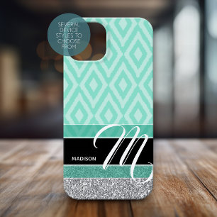 Coque Pour iPhone 15 Motif Ikat avec Monogram - turquoise vert noir
