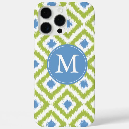 Coques Case-Mate iPhone Motif Ikat bleu-vert monogramme (Verso)