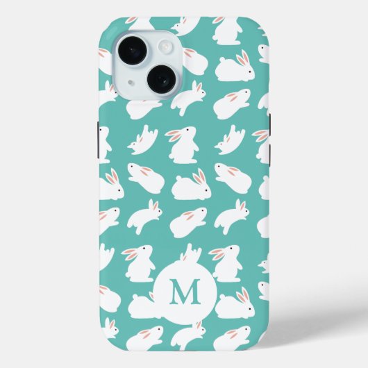Coques Case-Mate iPhone Motif lapin mou sur Monogramme Turquoise (Verso)