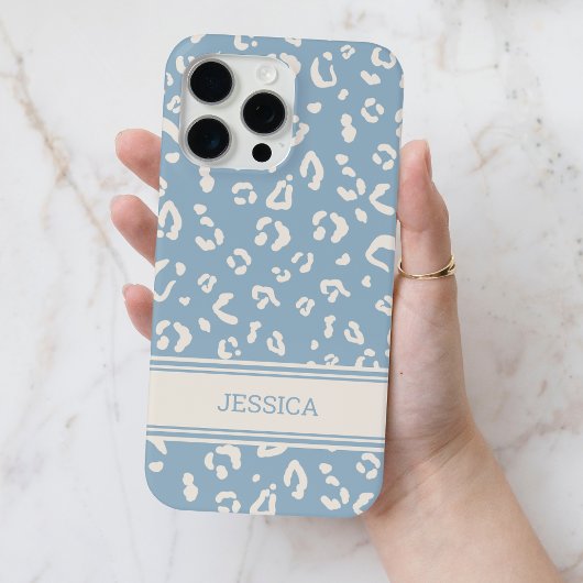 Coques Case-Mate iPhone Motif Léopard bleu moderne avec nom personnalisé