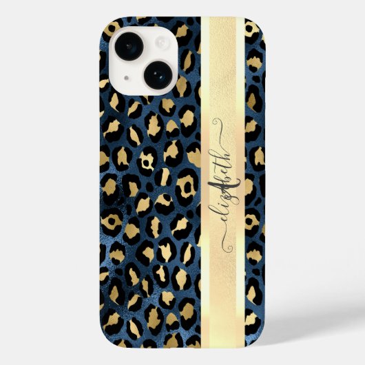Coques Case-Mate iPhone Motif léopard bleu or monogramme (Verso)