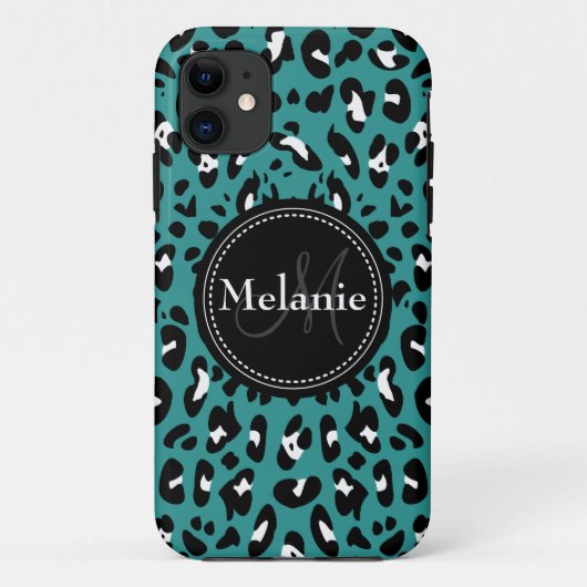Coques Case-Mate iPhone Motif Léopard noir Turquoise monogramme (Dos)