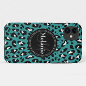 Coques Case-Mate iPhone Motif Léopard noir Turquoise monogramme (Dos (Horizontal))